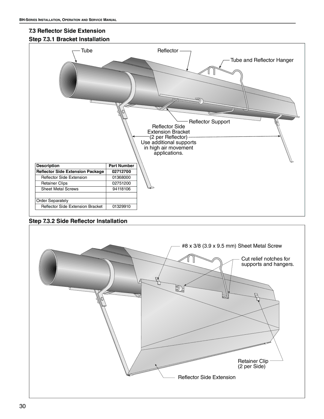 Roberts Gorden Linear Heater manual Reflector Side Extension 1 Bracket Installation, Side Reflector Installation, 02712700 