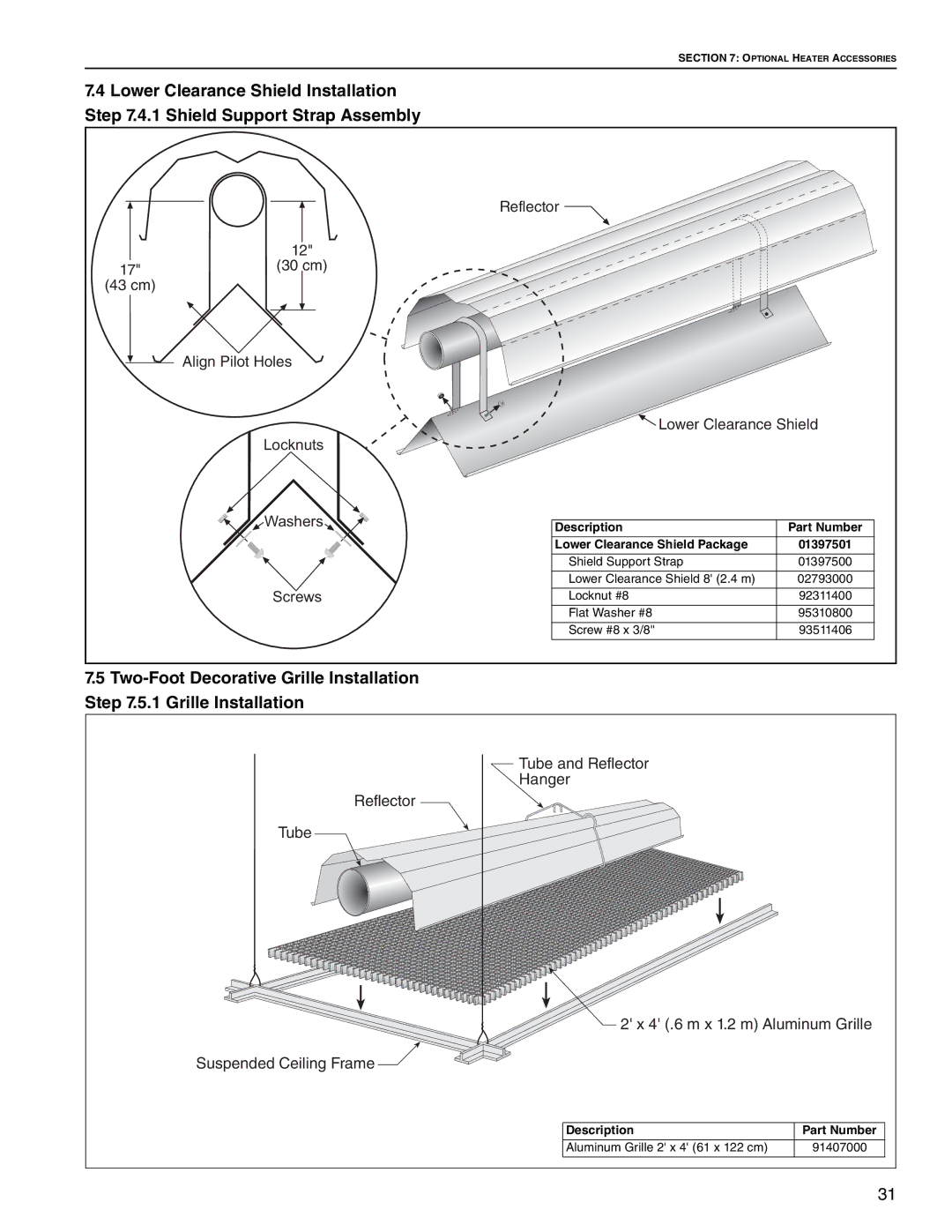 Roberts Gorden Linear Heater manual Description Part Number Lower Clearance Shield Package 