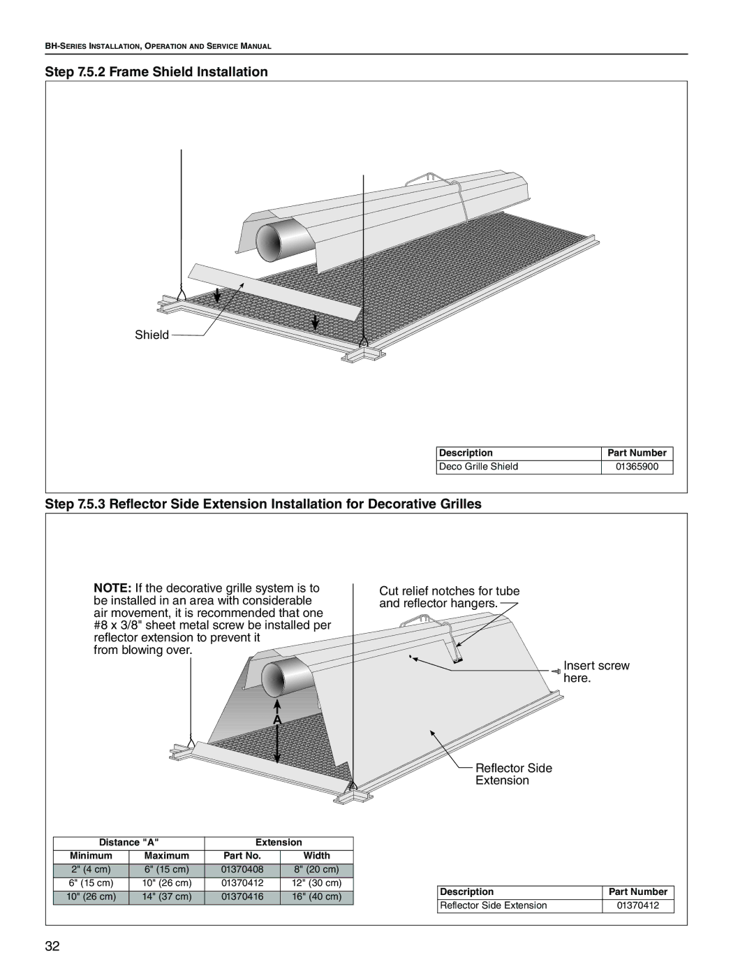 Roberts Gorden Linear Heater manual Frame Shield Installation, Distance a Extension 