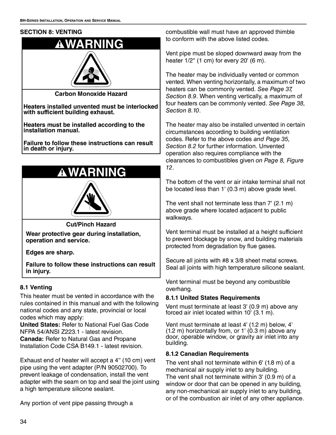 Roberts Gorden Linear Heater manual Venting, United States Requirements, Canadian Requirements 