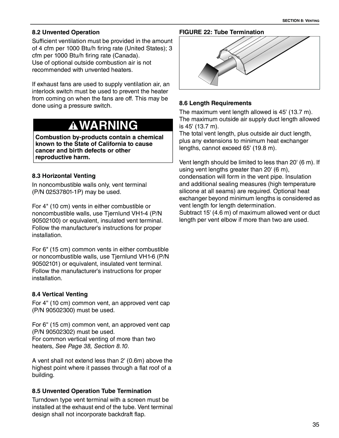 Roberts Gorden Linear Heater manual Vertical Venting, Unvented Operation Tube Termination 