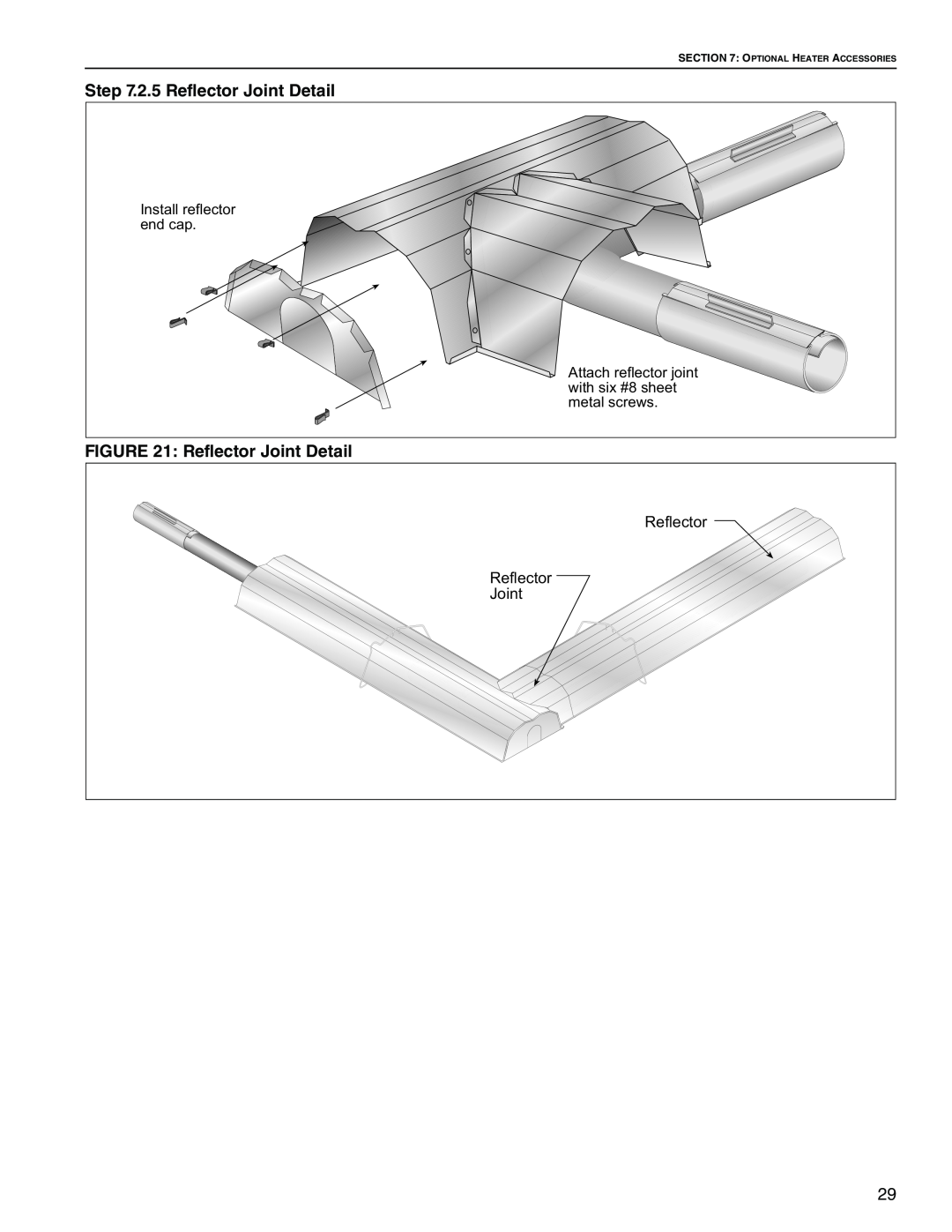 Roberts Gorden Linear Heater manual 2.5 Reflector Joint Detail, Install reflector, end cap, with six #8 sheet, metal screws 