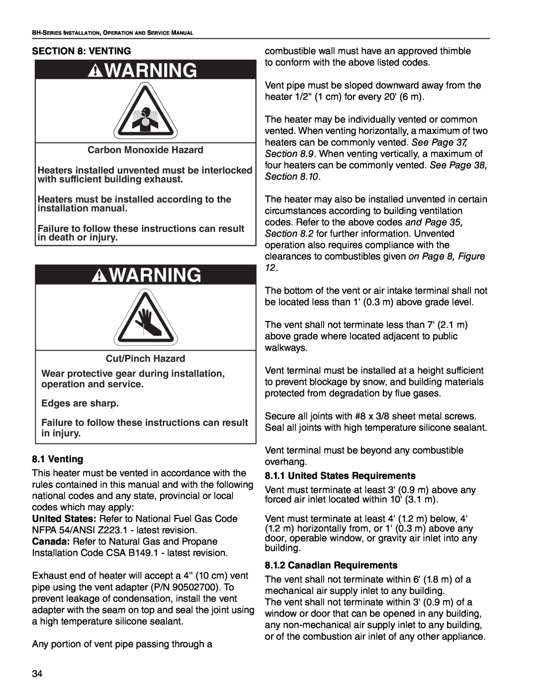 Roberts Gorden Linear Heater Venting, Carbon Monoxide Hazard, Cut/Pinch Hazard, Edges are sharp, Canadian Requirements 