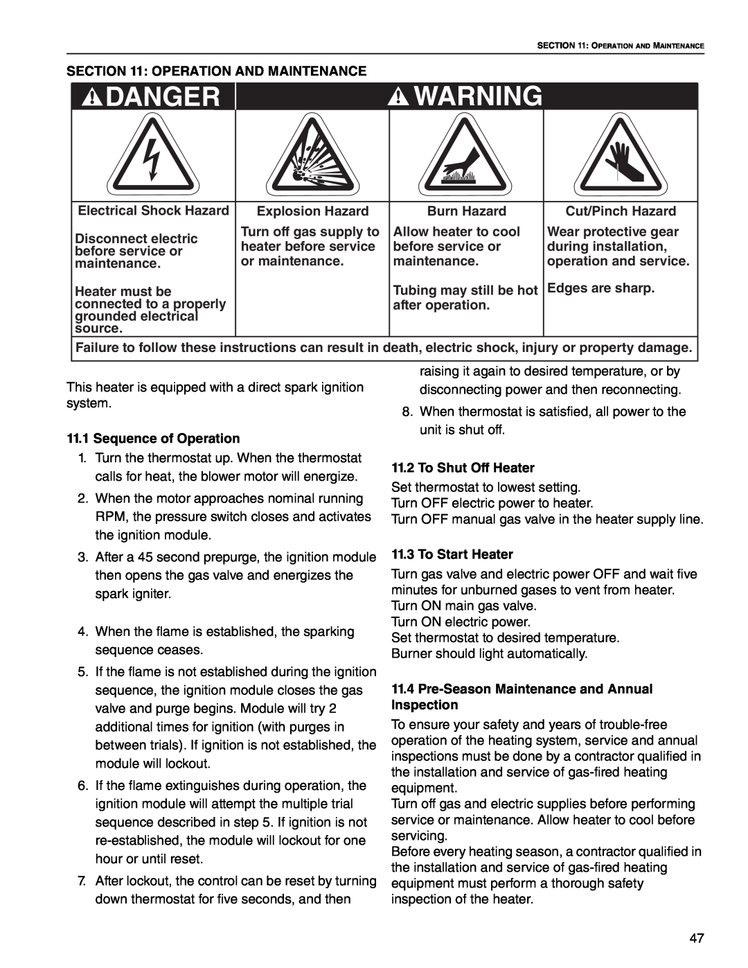 Roberts Gorden Linear Heater Danger, Operation And Maintenance, Electrical Shock Hazard, Explosion Hazard, Burn Hazard 