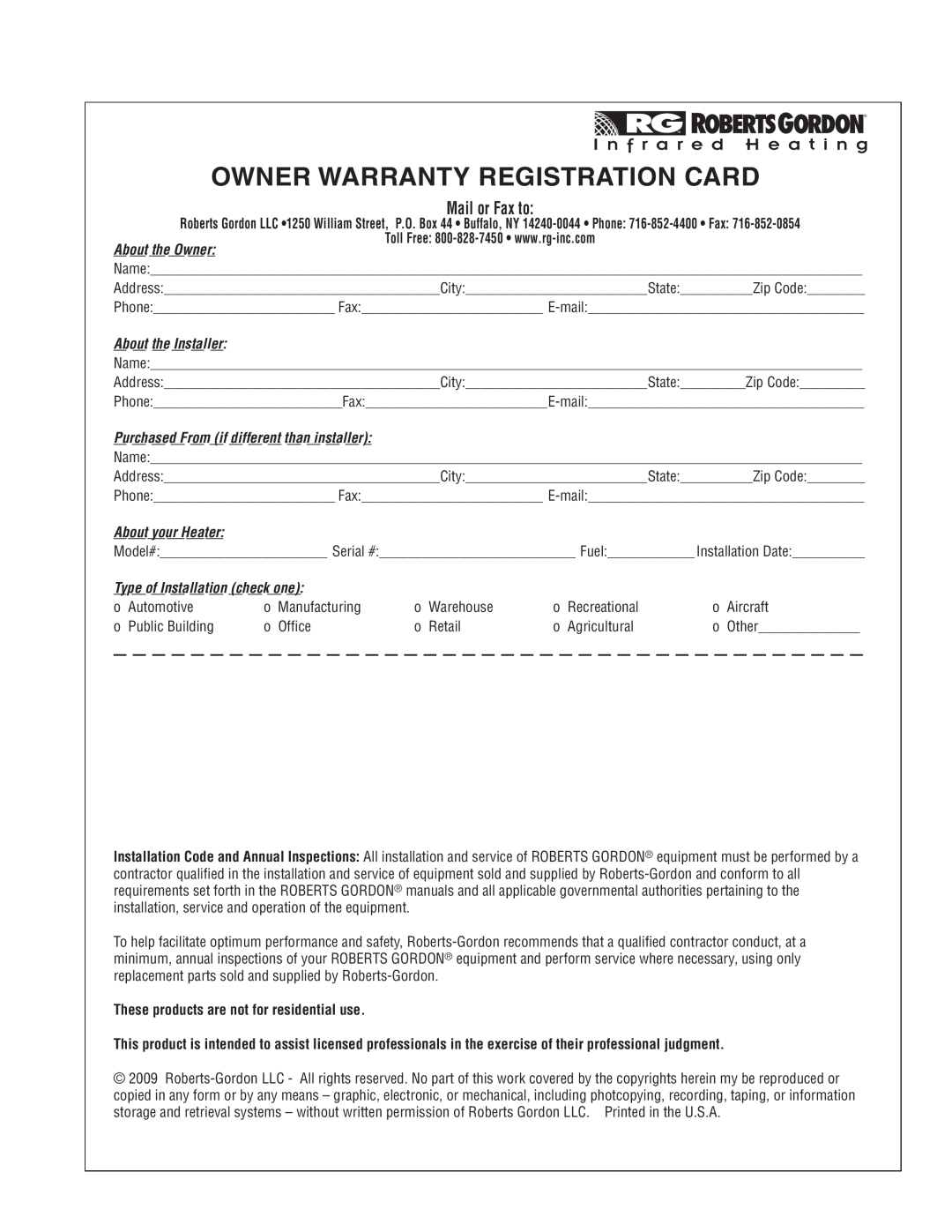 Roberts Gorden Linear Heater manual Owner Warranty Registration Card, Mail or Fax to, About the Owner, About the Installer 