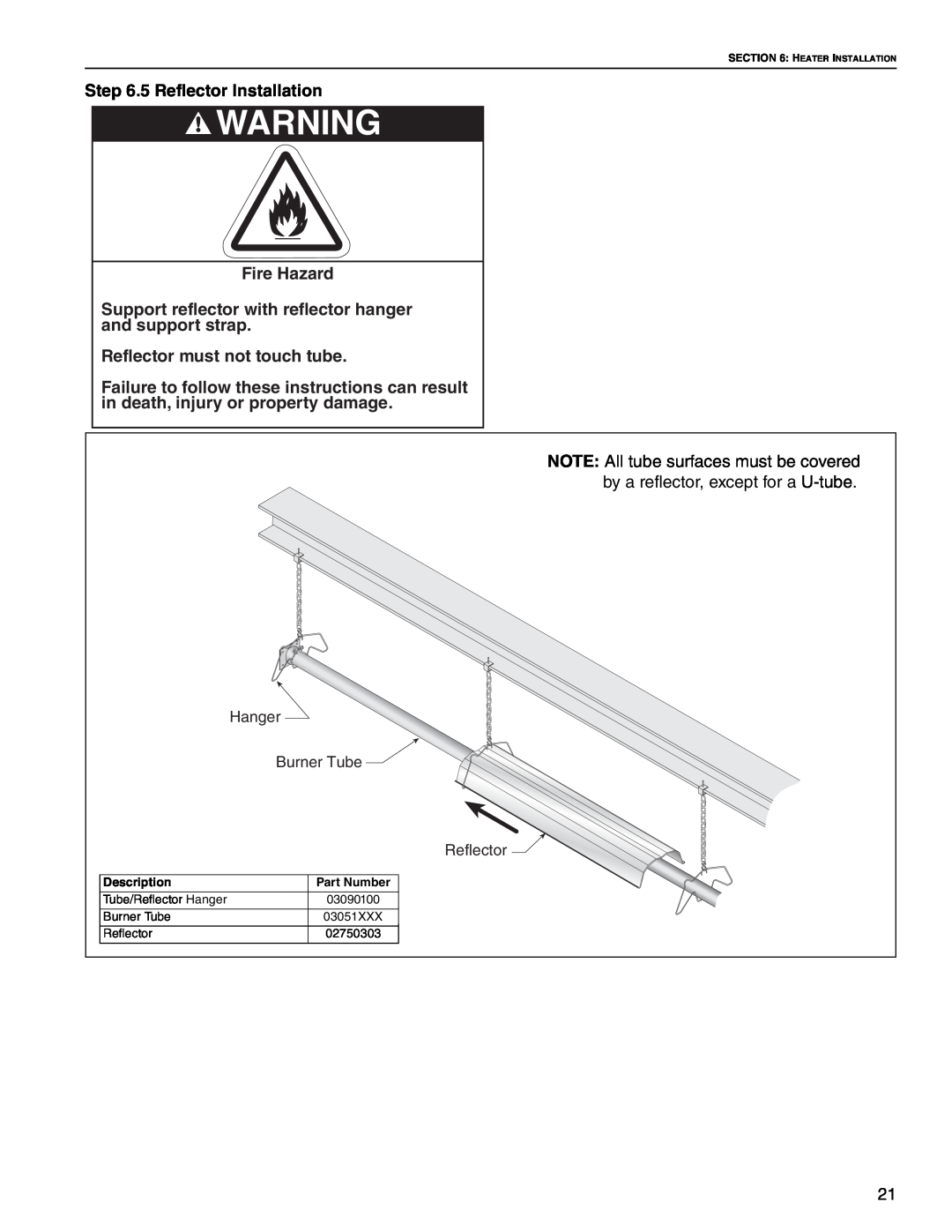 Roberts Gorden Linear Heater manual 5 Reflector Installation, Fire Hazard, Reflector must not touch tube 