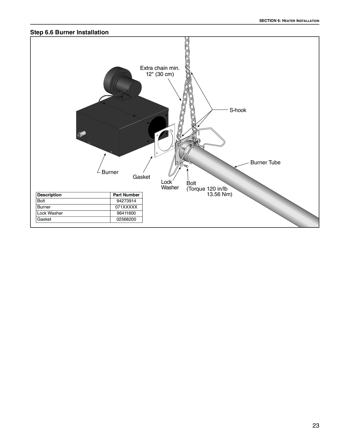 Roberts Gorden Linear Heater manual 6 Burner Installation, Extra chain min 12 30 cm, Gasket, Lock, Description, Part Number 
