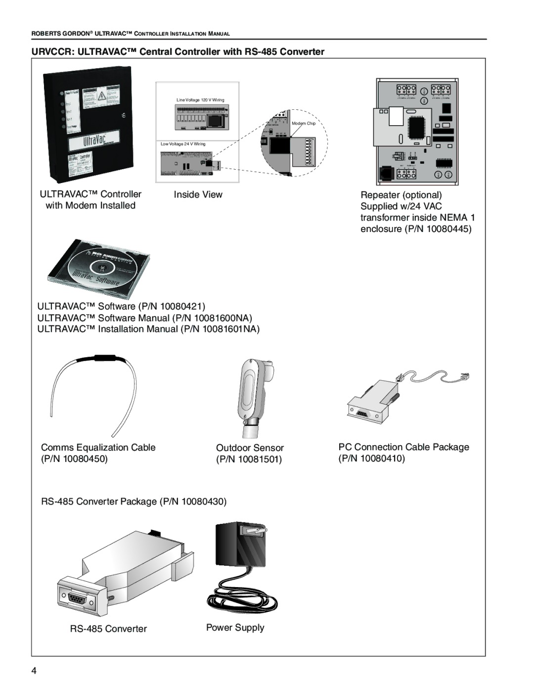 Roberts Gorden NEMA 4 installation manual Urvccr Ultravac Central Controller with RS-485 Converter 