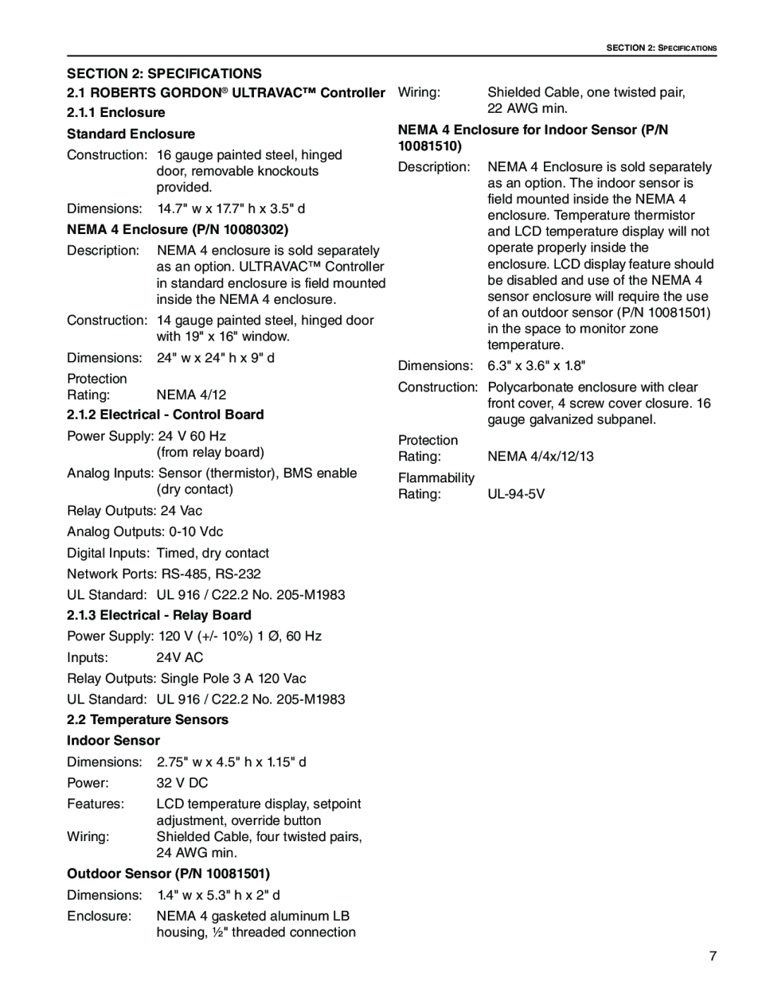 Roberts Gorden NEMA 4 installation manual Specifications 