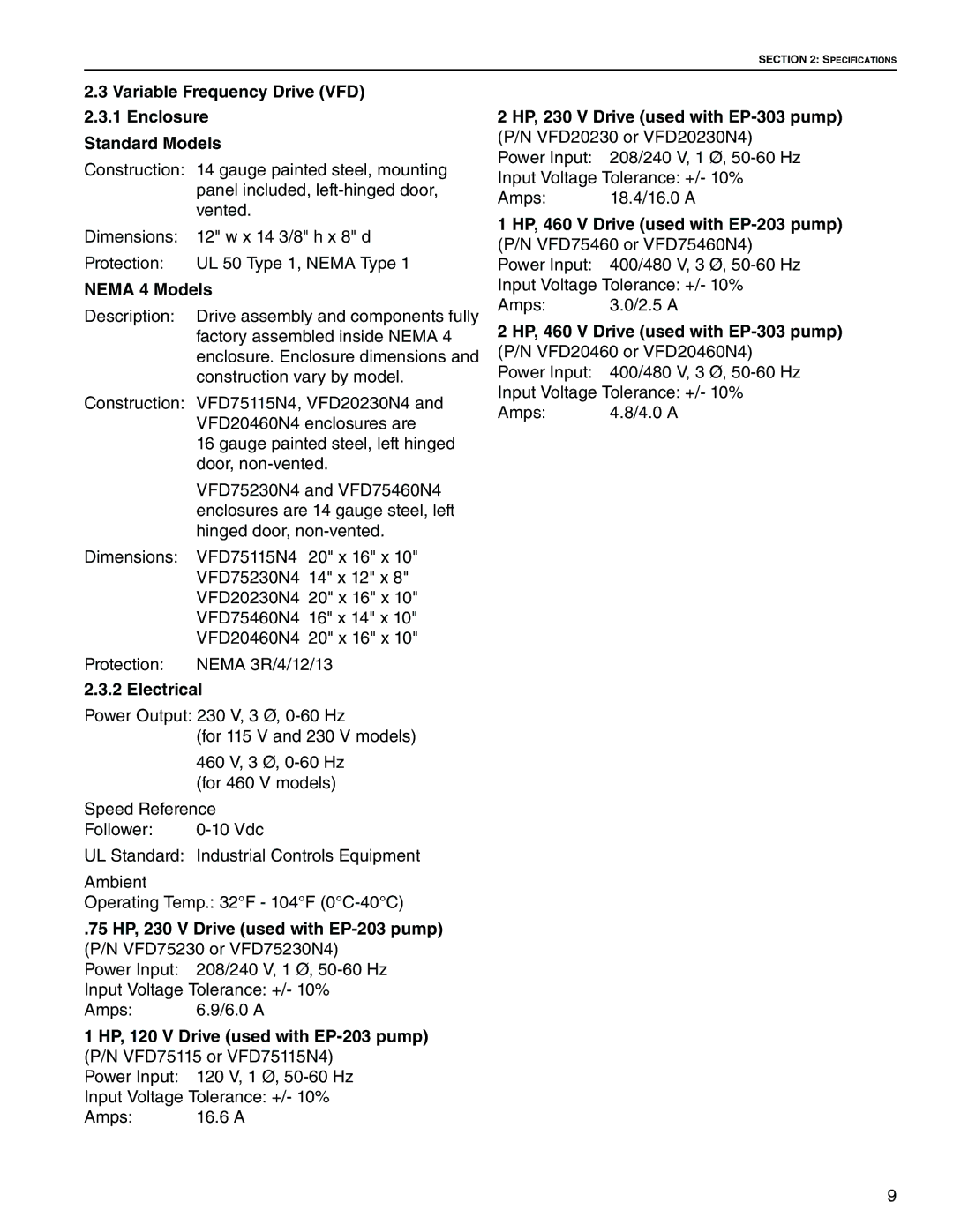 Roberts Gorden NEMA 4 installation manual Variable Frequency Drive VFD Enclosure Standard Models, Nema 4 Models, Electrical 