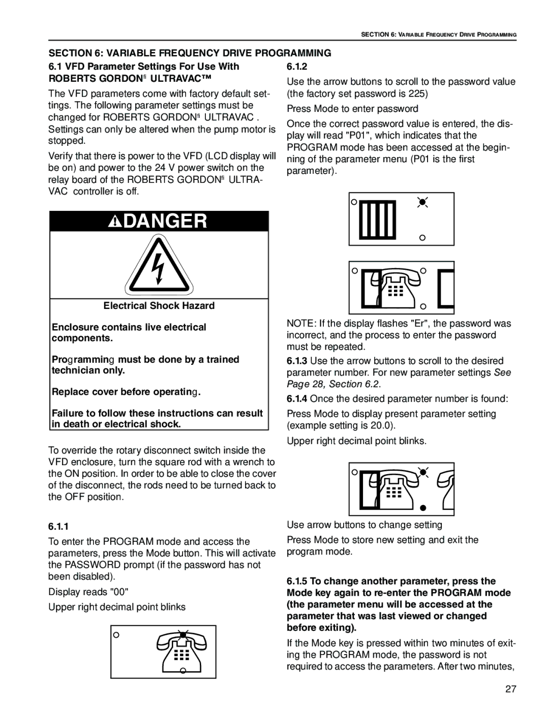 Roberts Gorden NEMA 4 Variable Frequency Drive Programming, VFD Parameter Settings For Use With, Roberts Gordon Ultravac 