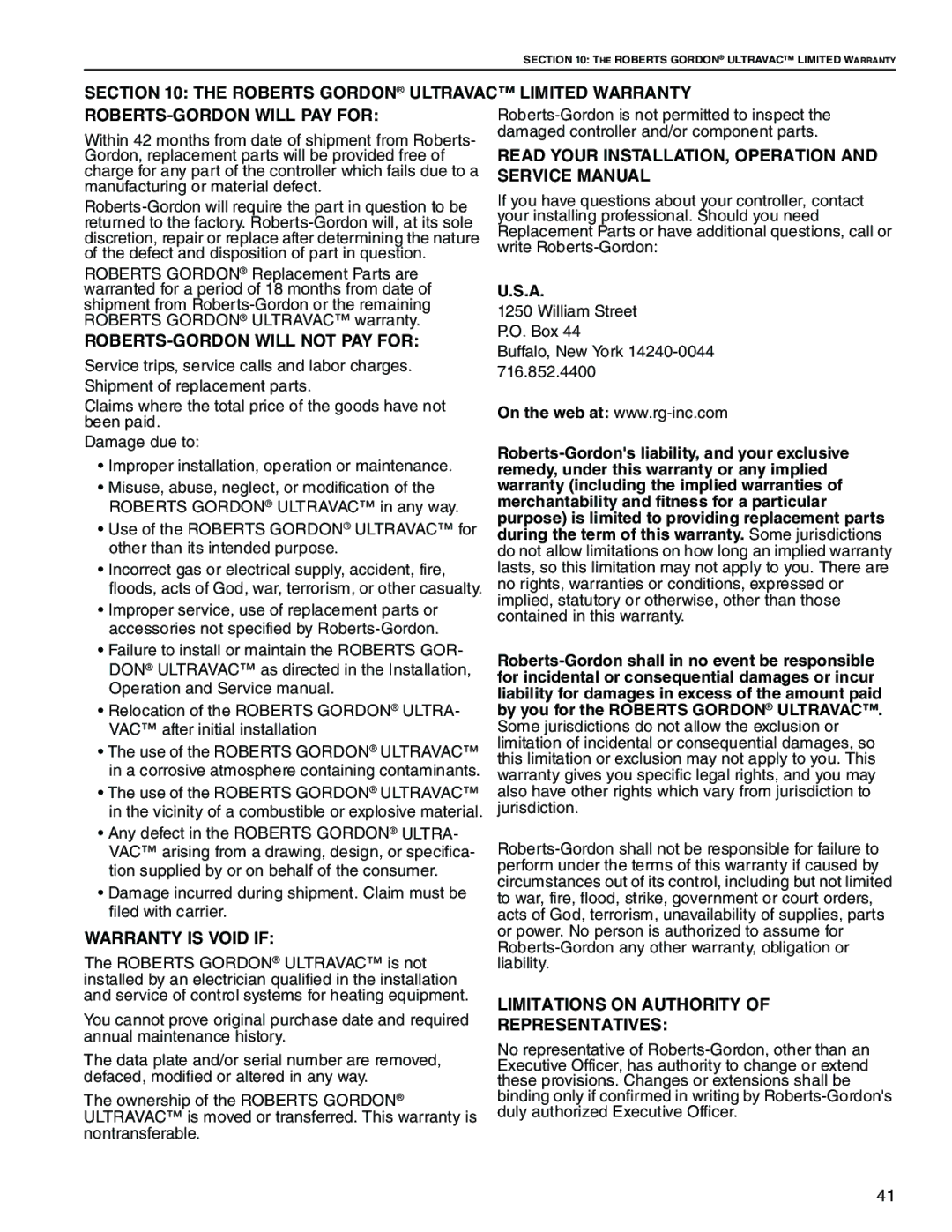 Roberts Gorden NEMA 4 ROBERTS-GORDON will not PAY for, Warranty is Void if, Limitations on Authority Representatives 