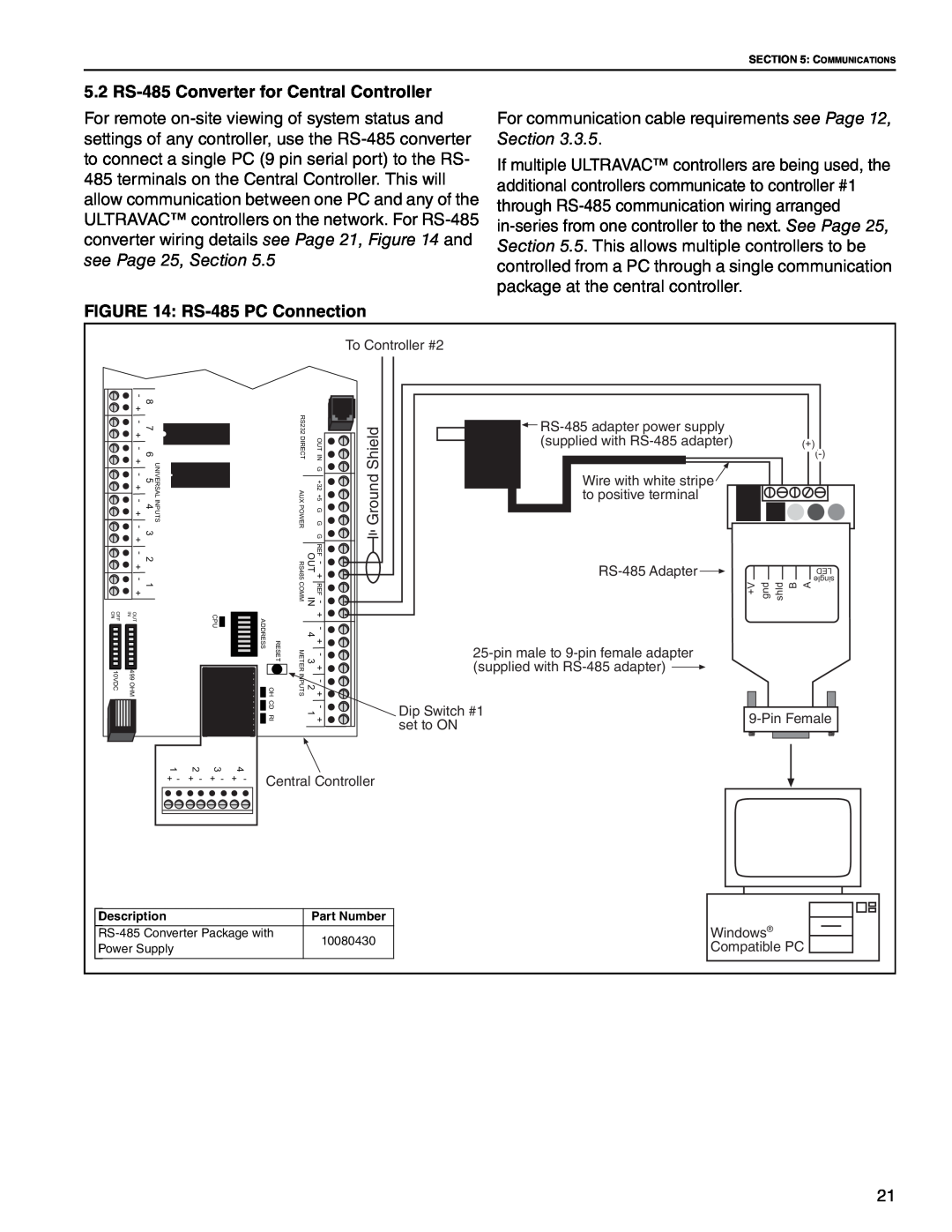Roberts Gorden NEMA 4 installation manual 5.2 RS-485Converter for Central Controller, RS-485PC Connection 