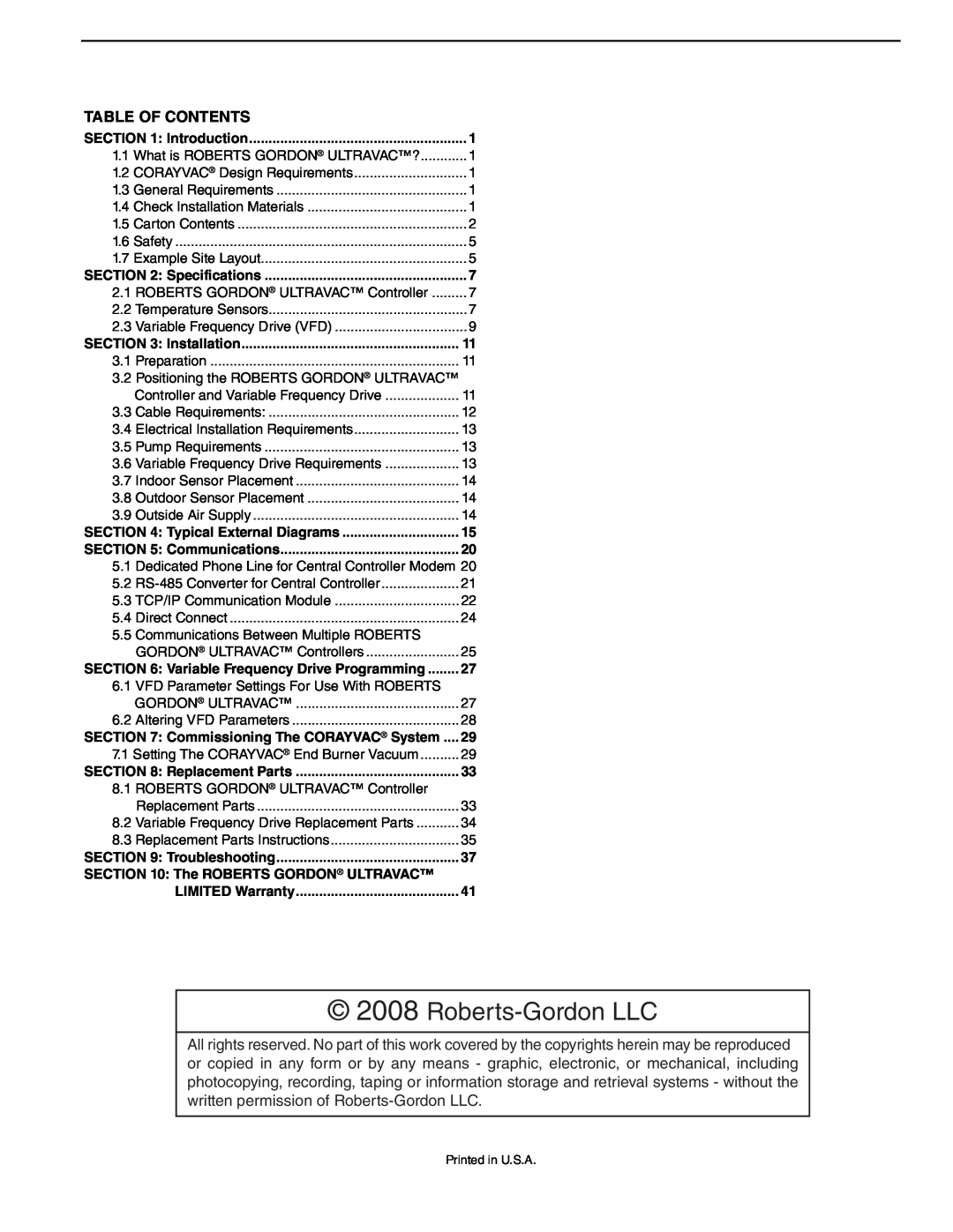 Roberts Gorden NEMA 4 installation manual Roberts-GordonLLC, Table Of Contents 