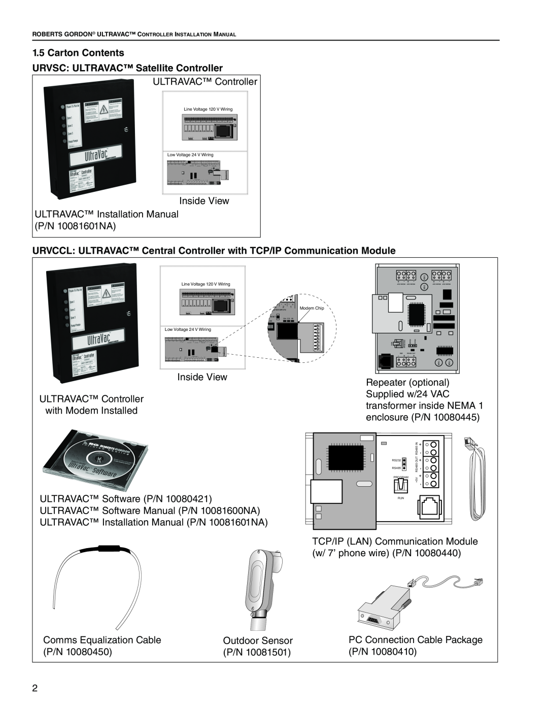 Roberts Gorden NEMA 4 installation manual Carton Contents, URVSC ULTRAVAC Satellite Controller 