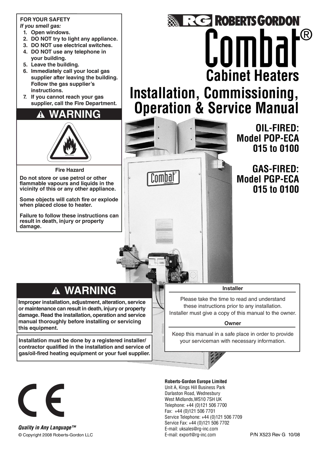 Roberts Gorden POP-ECA/PGP-ECA 015 to 0100 service manual Supplier after leaving the building, Fire Hazard, This equipment 