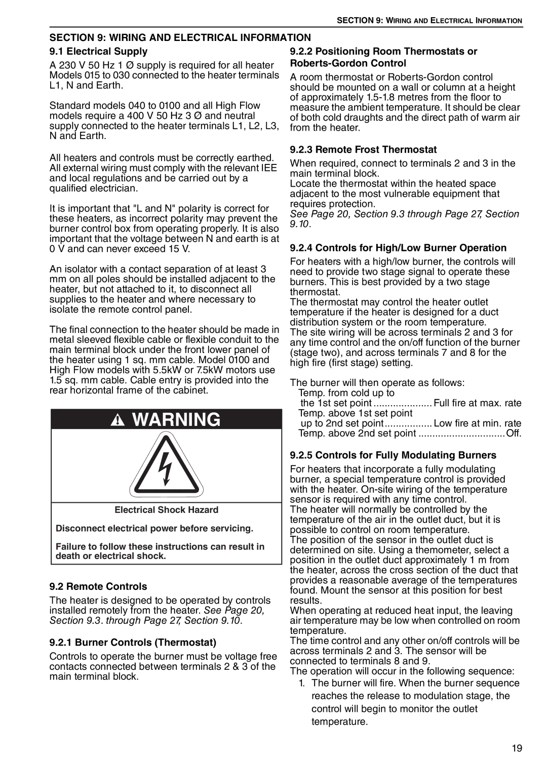 Roberts Gorden POP-ECA/PGP-ECA 015 to 0100 Remote Controls, Burner Controls Thermostat, Remote Frost Thermostat 