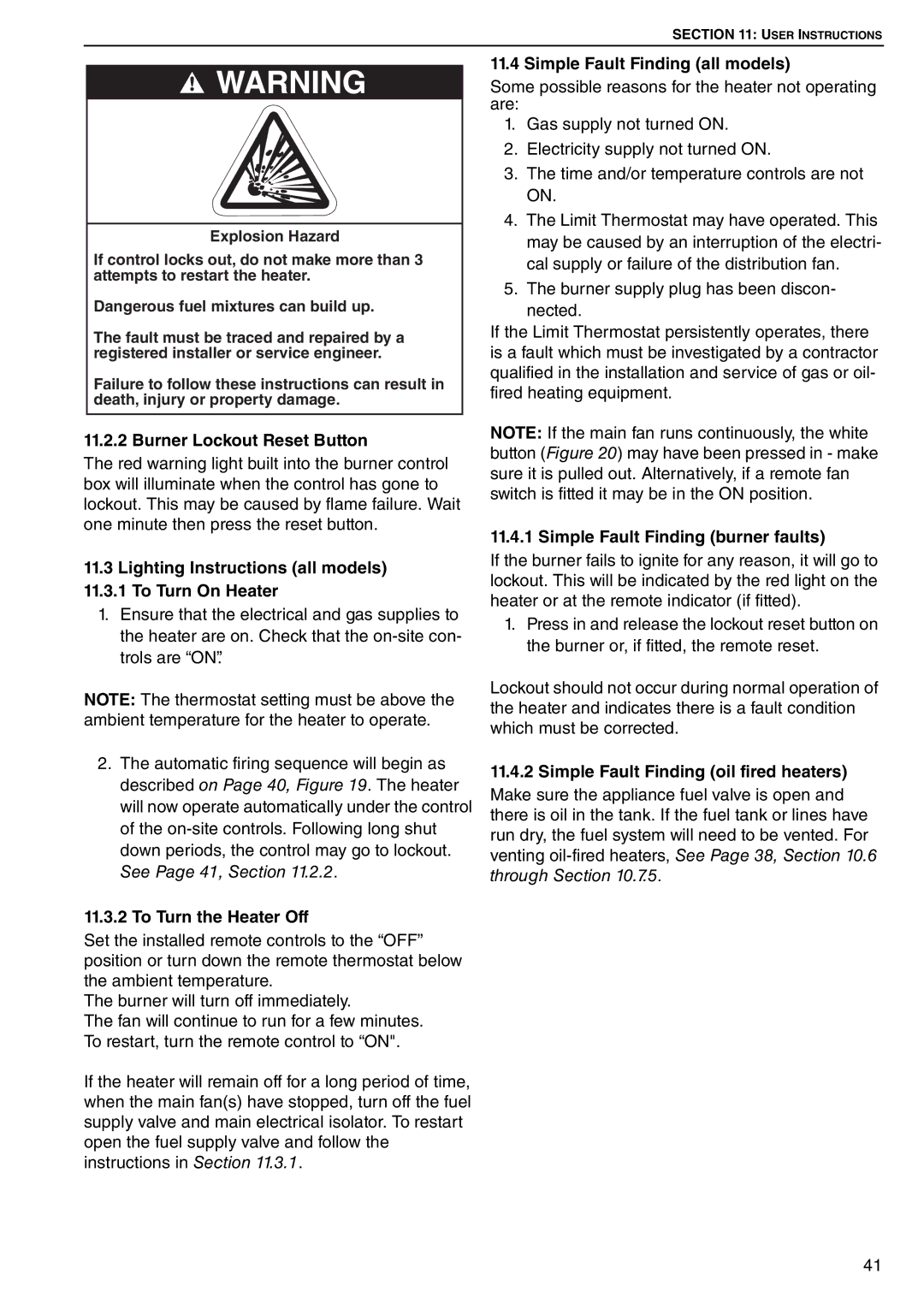 Roberts Gorden POP-ECA/PGP-ECA 015 to 0100 service manual Burner Lockout Reset Button, To Turn the Heater Off 