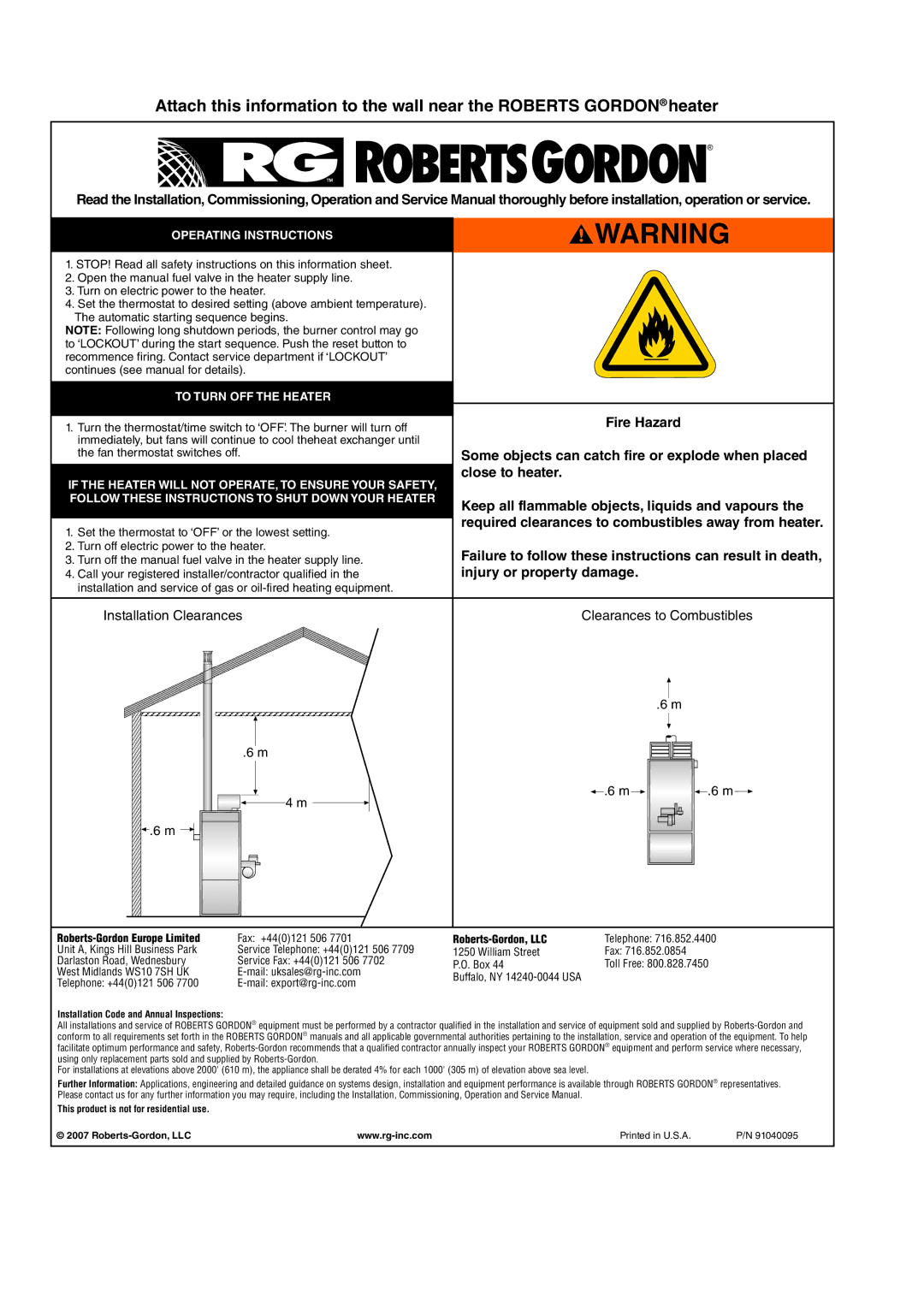 Roberts Gorden POP-ECA/PGP-ECA 015 to 0100 service manual Some objects can catch fire or explode when placed 