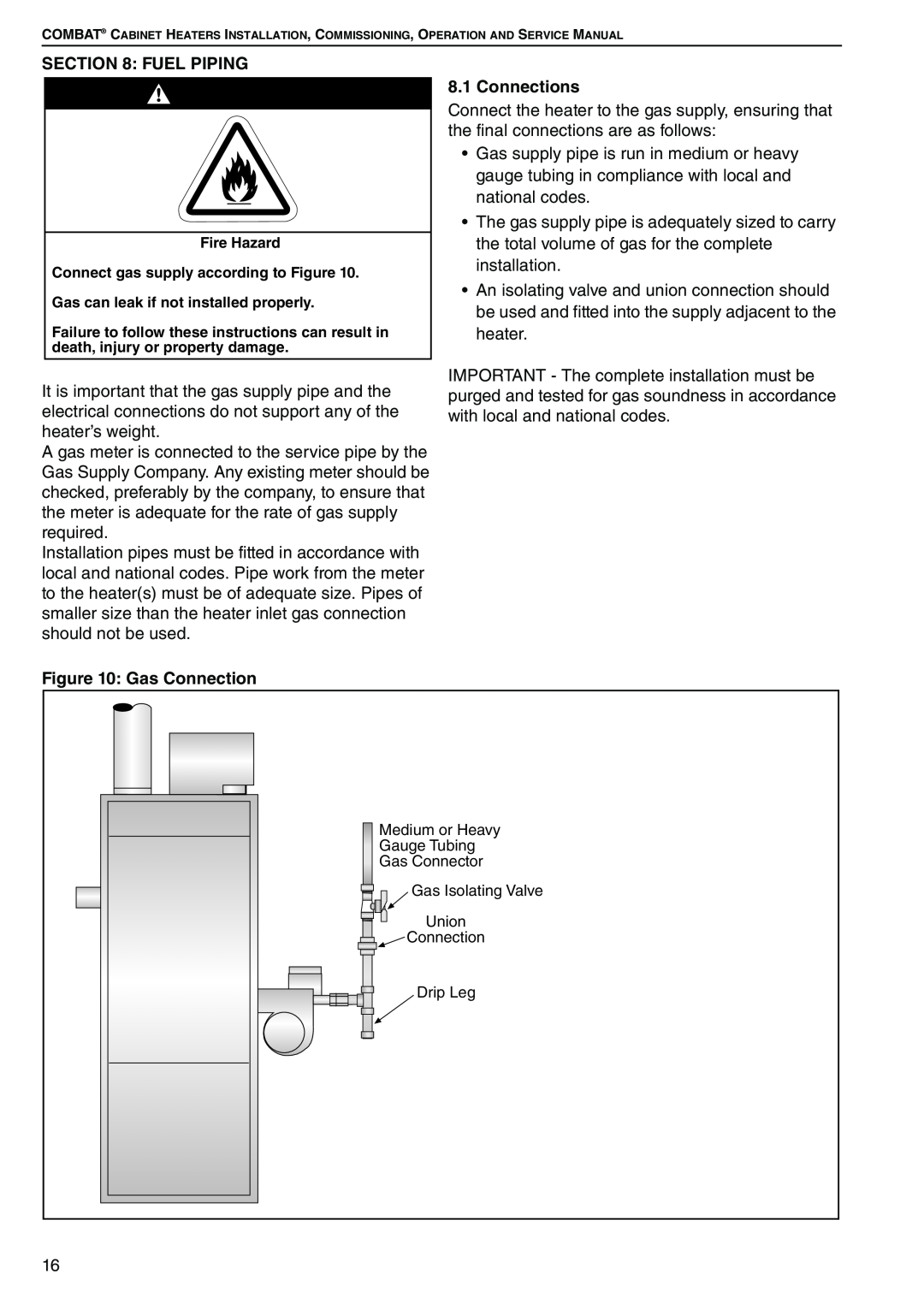 Roberts Gorden POP-ECA/PGP-ECA 015 to 0100 service manual Fuel Piping, Gas Connection, Connections 