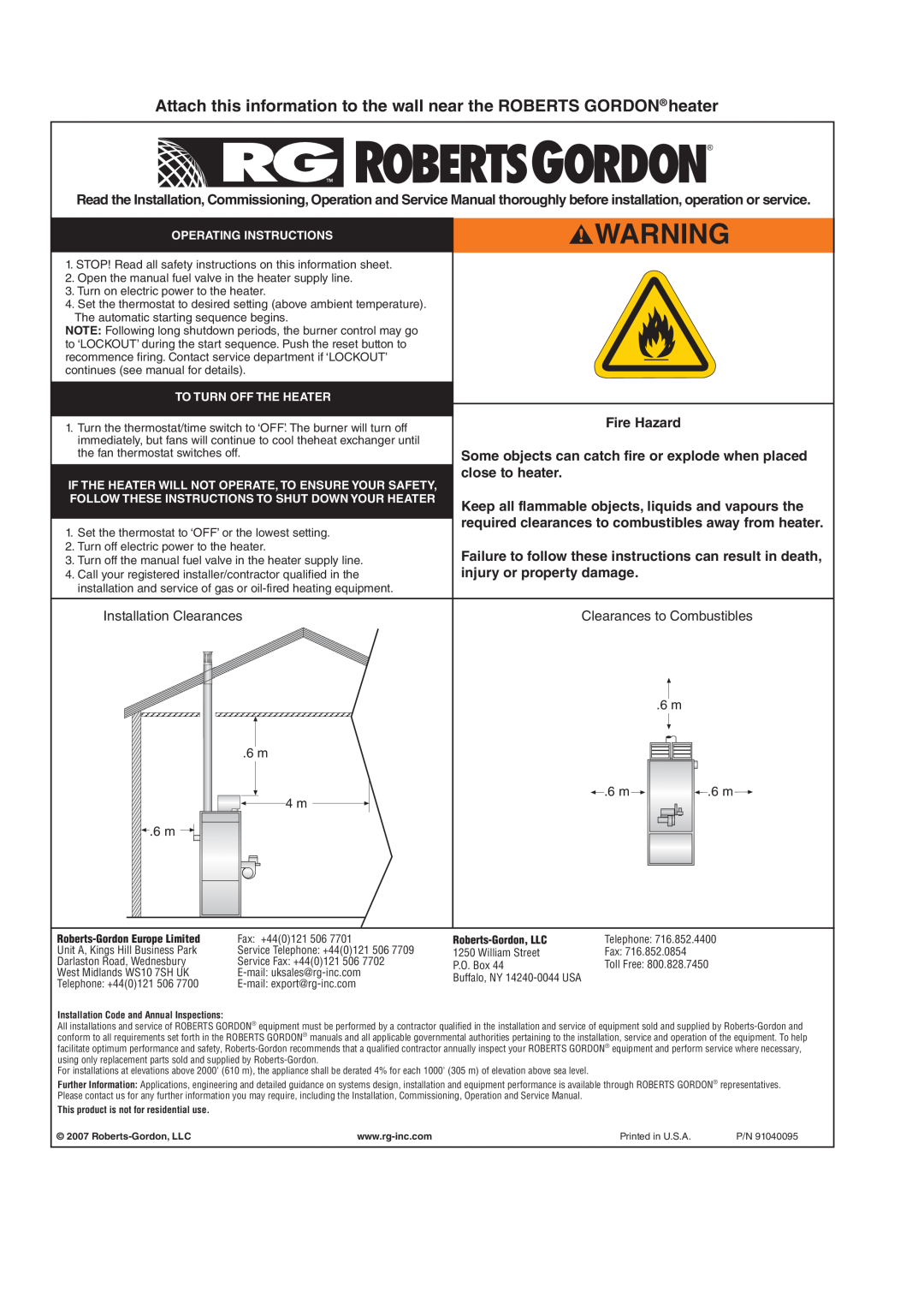 Roberts Gorden POP-ECA/PGP-ECA 015 to 0100 service manual Fire Hazard, Some objects can catch fire or explode when placed 