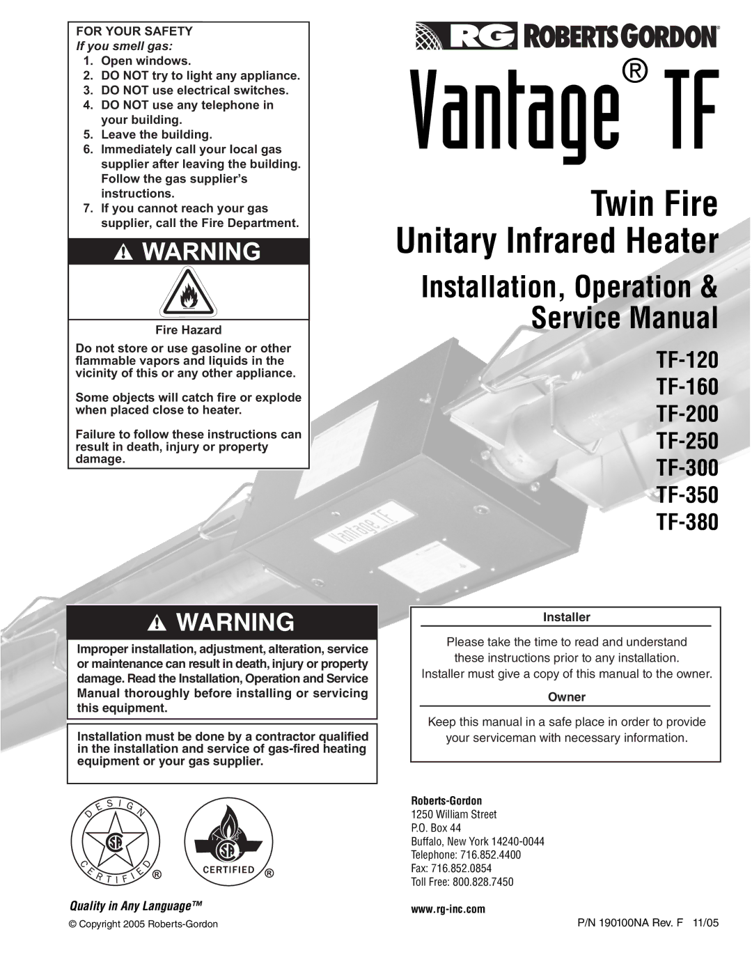 Roberts Gorden TF-300, TF-350, TF-120, TF-200, TF-160, TF-250, TF-380 service manual Twin Fire Unitary Infrared Heater 