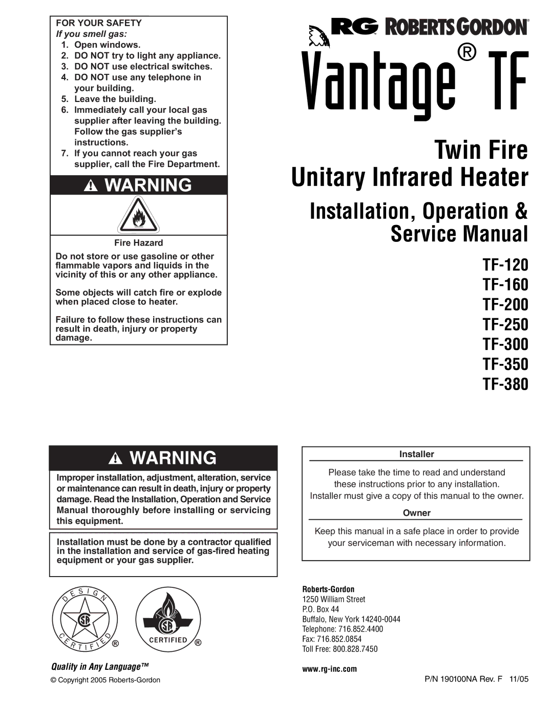 Roberts Gorden TF-120, TF-350, TF-300, TF-200, TF-160, TF-250, TF-380 service manual 