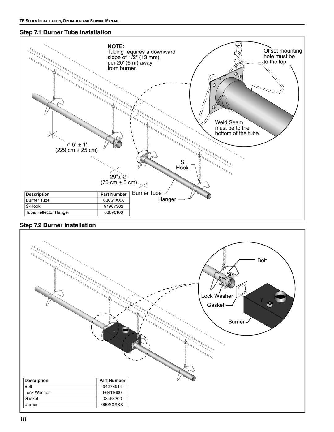 Roberts Gorden TF-200, TF-350, TF-300, TF-120, TF-160, TF-250, TF-380 Burner Tube Installation, Burner Installation 