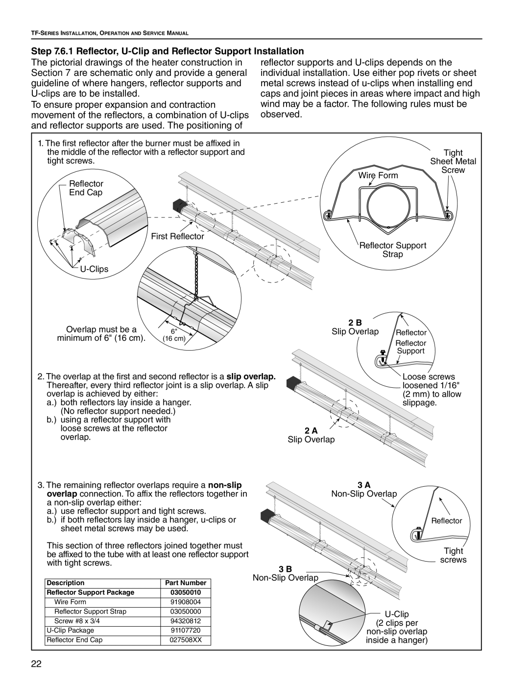 Roberts Gorden TF-350, TF-300, TF-120, TF-200, TF-160, TF-250, TF-380 Reflector, U-Clip and Reflector Support Installation 