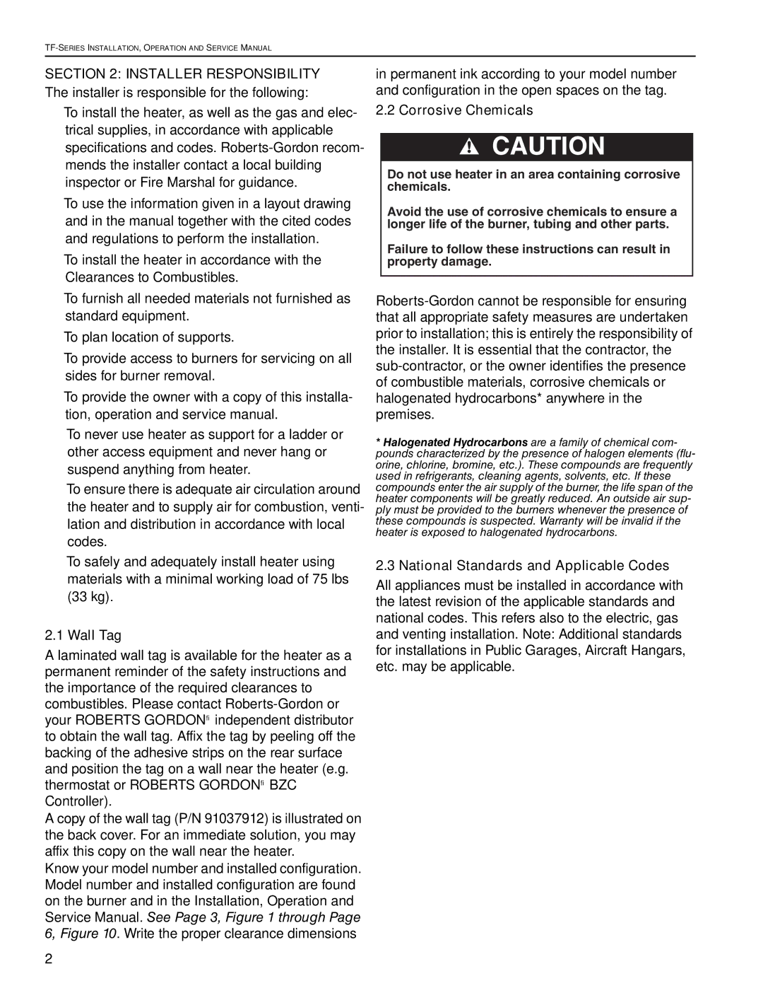 Roberts Gorden TF-300 Installer Responsibility, Wall Tag, Corrosive Chemicals, National Standards and Applicable Codes 