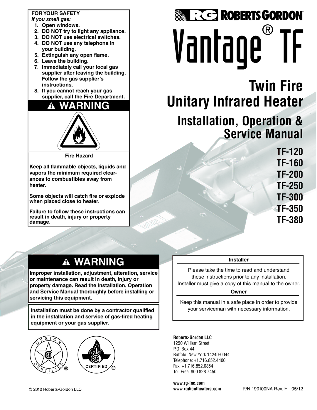 Roberts Gorden TF-300, TF-350, TF-120, TF-200, TF-160, TF-250, TF-380 service manual Installer, Owner 