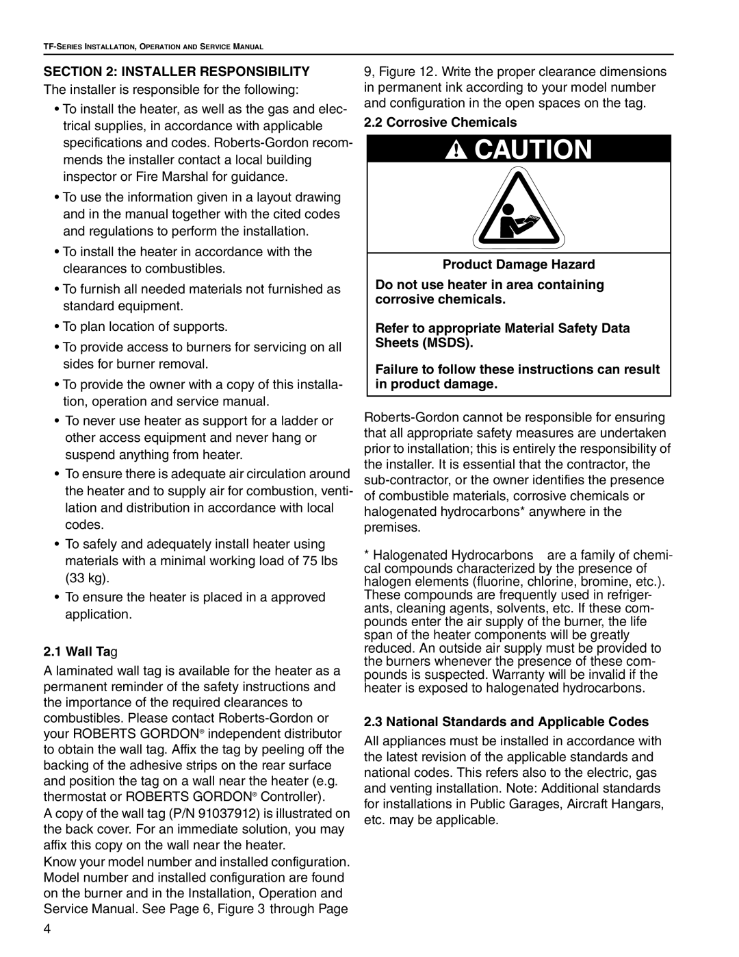 Roberts Gorden TF-200, TF-350, TF-300, TF-120 Installer Responsibility, Wall Tag, National Standards and Applicable Codes 