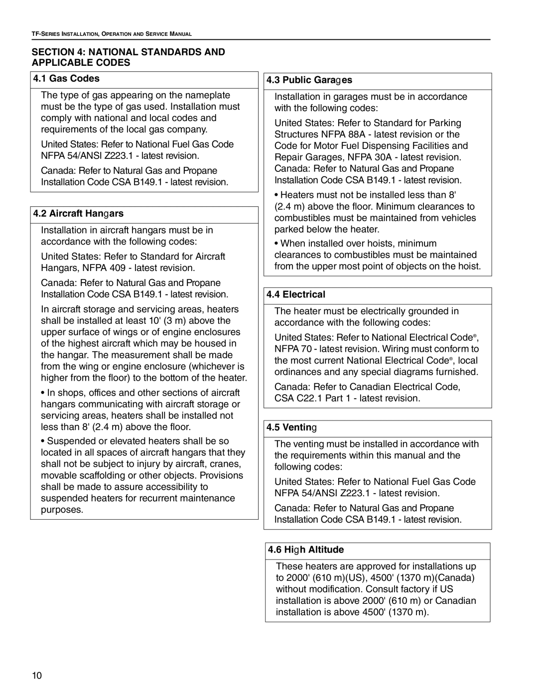 Roberts Gorden TF-120, TF-350, TF-300, TF-200, TF-160, TF-250, TF-380 service manual National Standards and Applicable Codes 