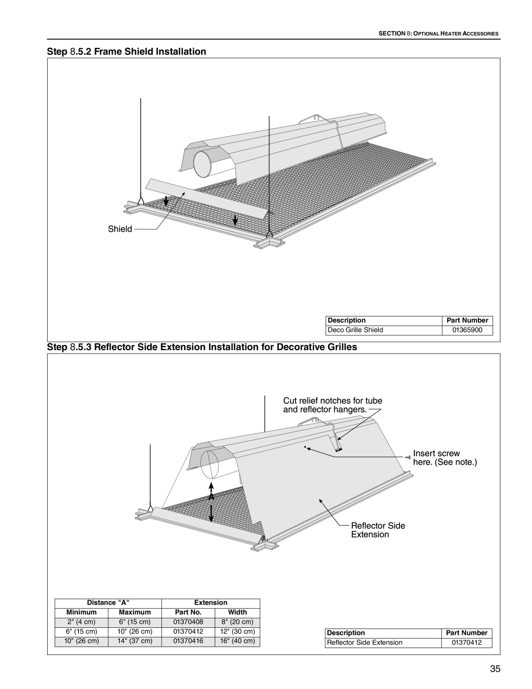 Roberts Gorden TF-380, TF-350, TF-300, TF-120, TF-200, TF-160, TF-250 Frame Shield Installation, Distance a Extension 