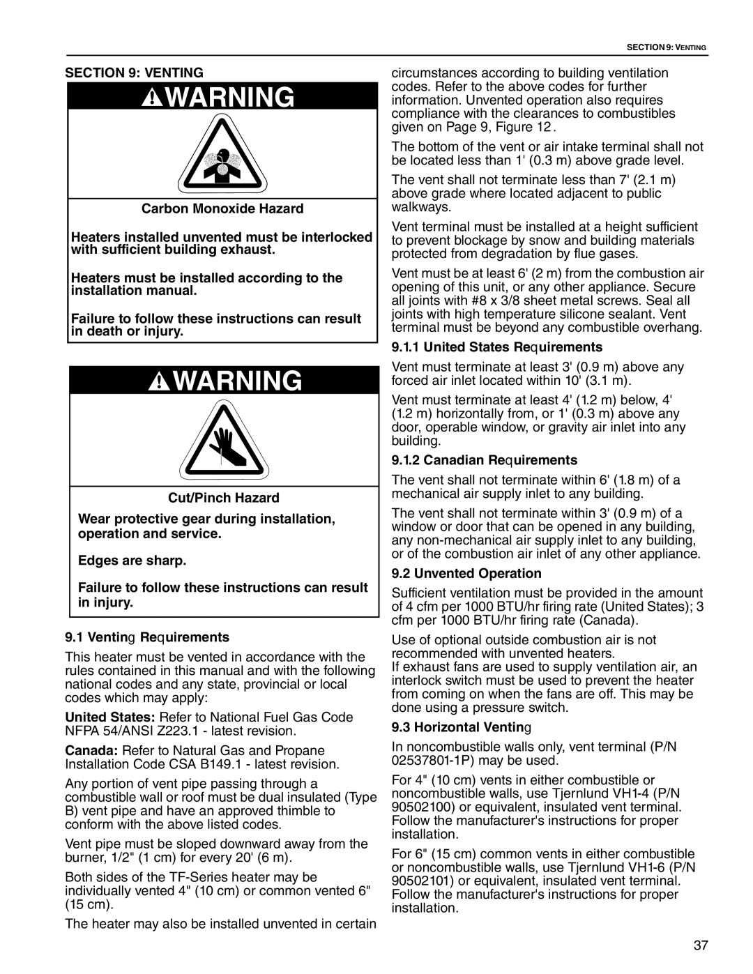 Roberts Gorden TF-300, TF-350 United States Requirements, Canadian Requirements, Unvented Operation, Horizontal Venting 