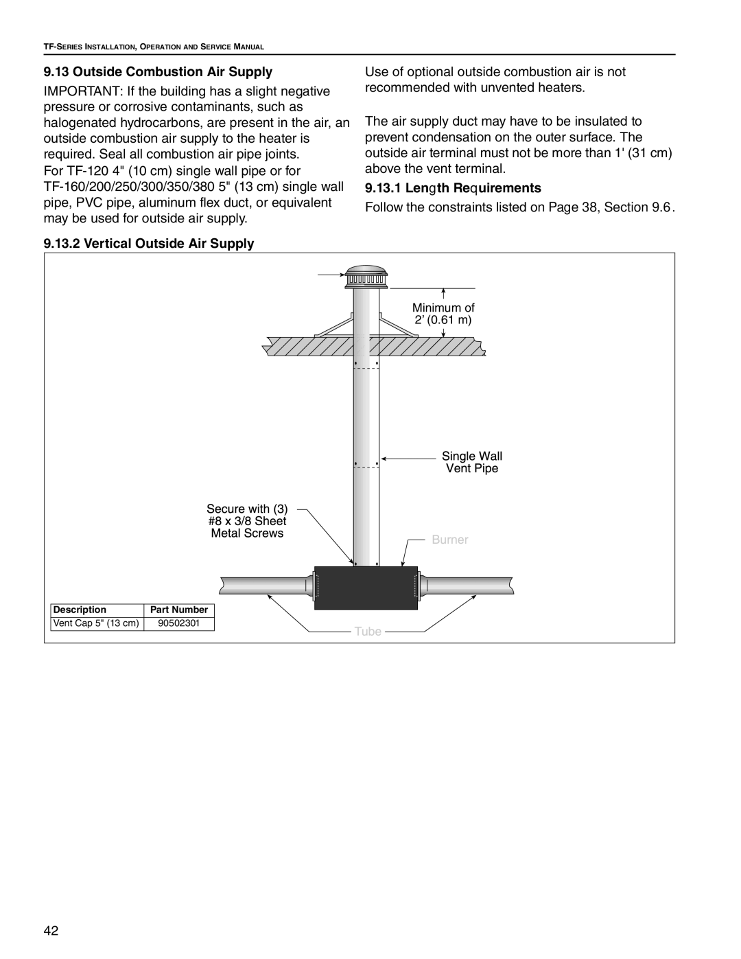 Roberts Gorden TF-380, TF-350, TF-300, TF-120, TF-200, TF-160 Outside Combustion Air Supply, Vertical Outside Air Supply 