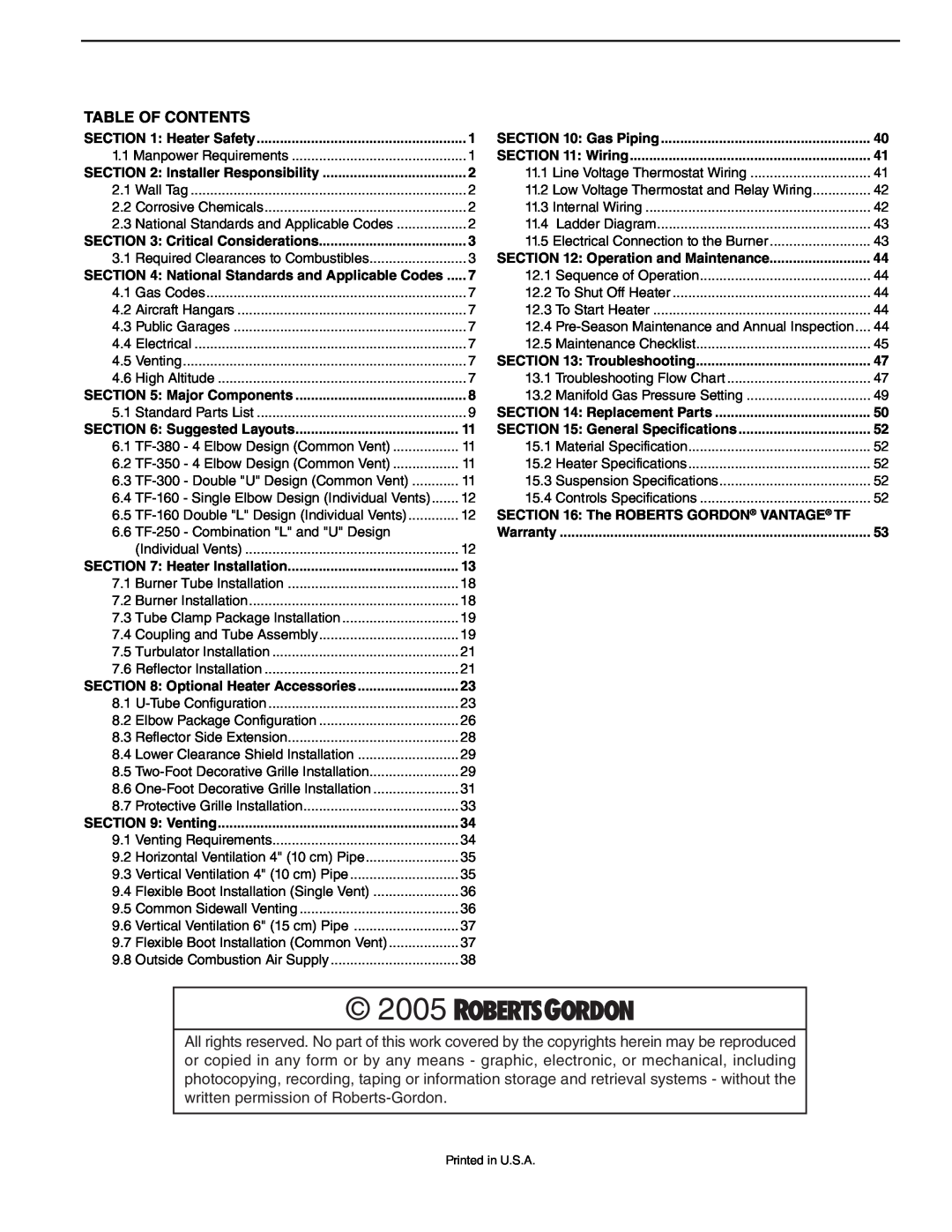 Roberts Gorden TF-200, TF-350, TF-300, TF-120, TF-160, TF-250, TF-380 service manual 2005, Table Of Contents 