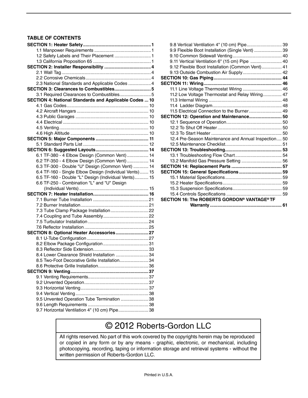 Roberts Gorden TF-200, TF-350, TF-300, TF-120, TF-160, TF-250, TF-380 service manual Roberts-GordonLLC, Table Of Contents 
