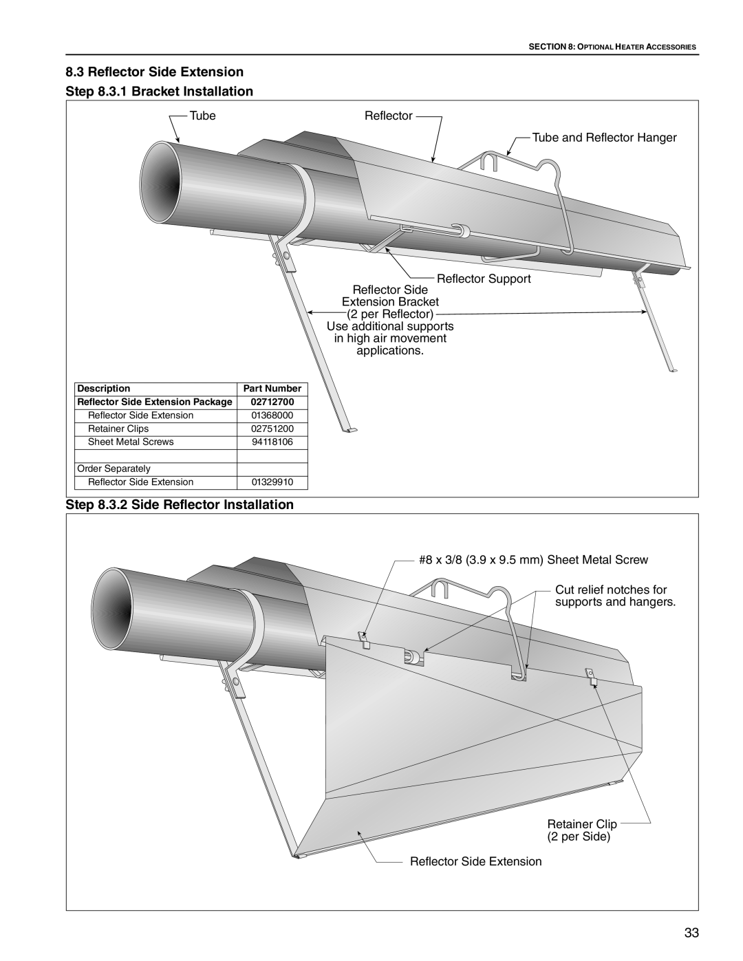 Roberts Gorden TF-160, TF-350, TF-300 Reflector Side Extension, 3.1 Bracket Installation, 3.2 Side Reflector Installation 