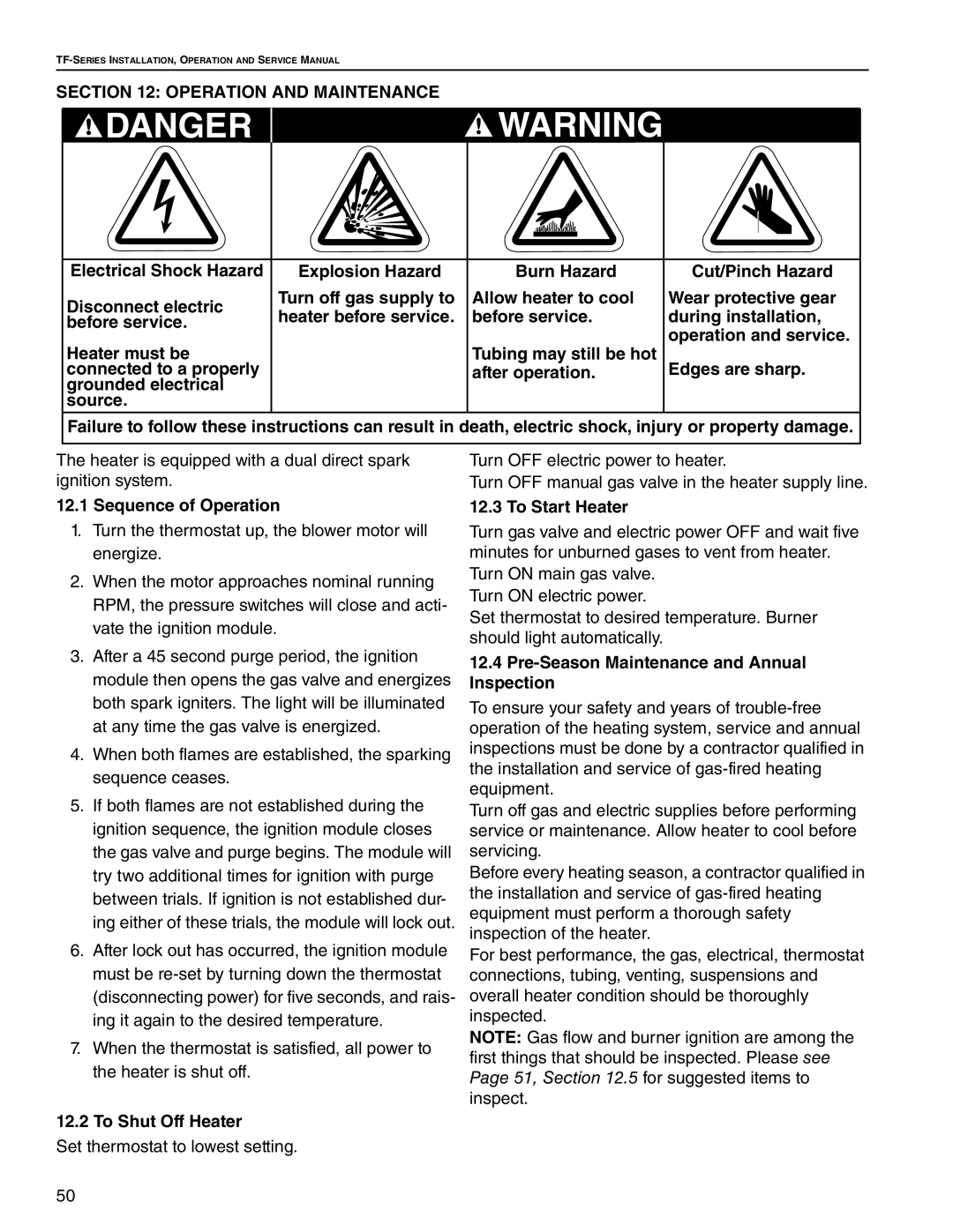 Roberts Gorden TF-350 Danger, Operation And Maintenance, Electrical Shock Hazard, Explosion Hazard, Burn Hazard, source 