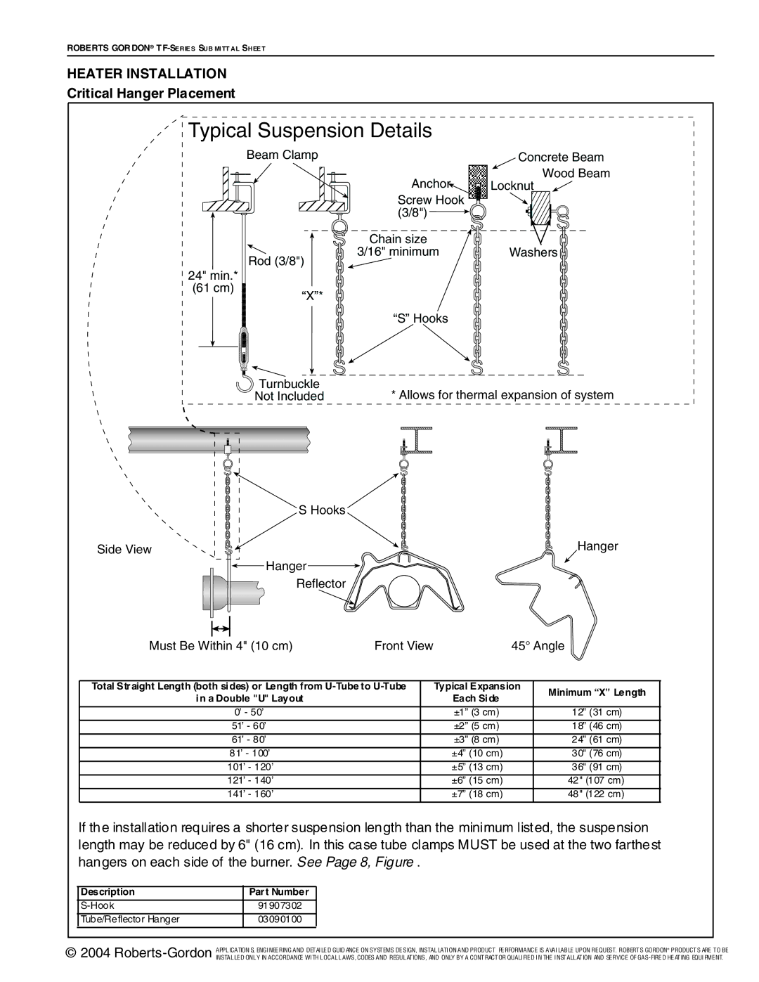 Roberts Gorden TF-Series service manual Heater Installation, Critical Hanger Placement, Description Part Number 