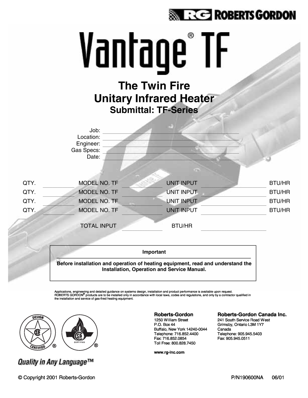 Roberts Gorden service manual The Twin Fire Unitary Infrared Heater, Submittal TF-Series 