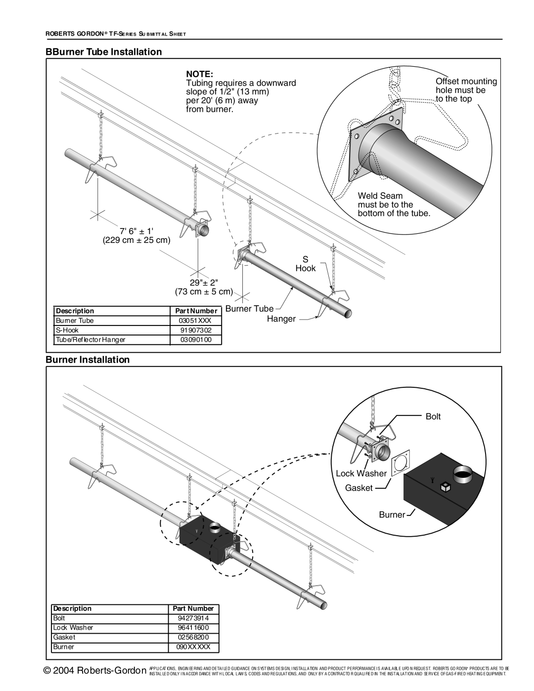 Roberts Gorden TF-Series service manual BBurner Tube Installation, Burner Installation 
