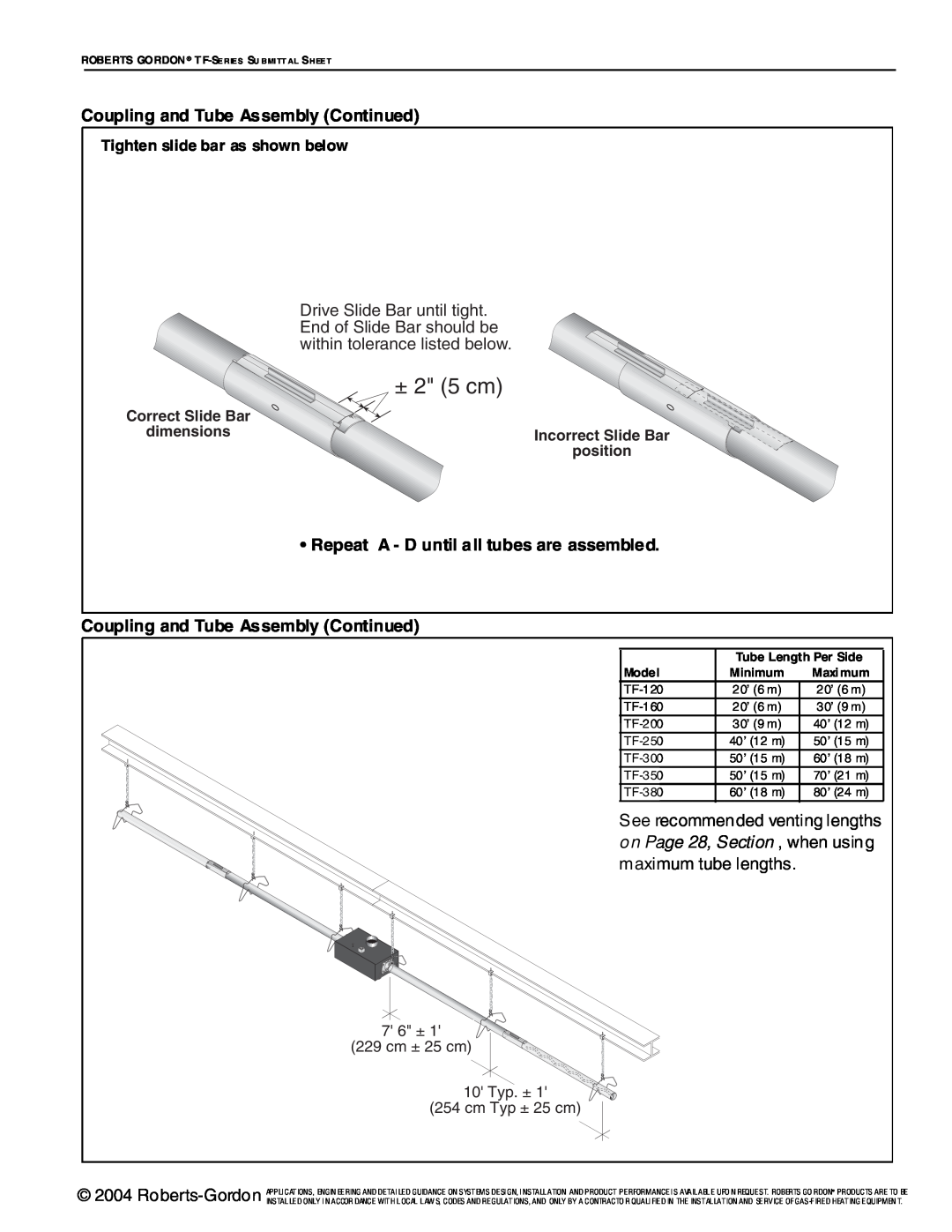 Roberts Gorden TF-Series ± 2 5 cm, on Page 28, Section , when using, Tighten slide bar as shown below, dimensions 