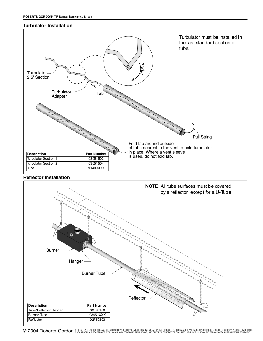 Roberts Gorden TF-Series service manual Turbulator Installation, Reflector Installation 