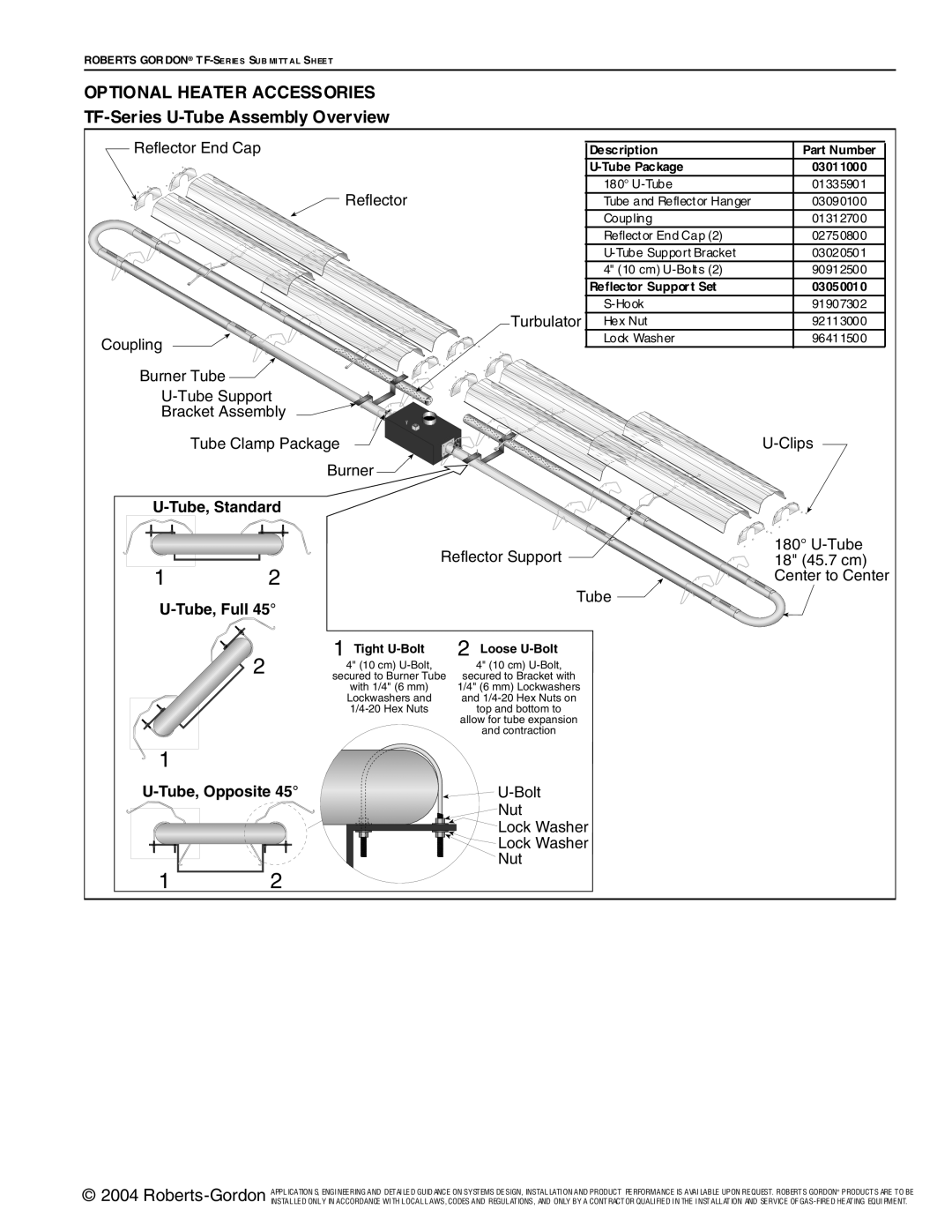 Roberts Gorden Optional Heater Accessories, TF-Series U-TubeAssembly Overview, U-Tube,Standard, U-Tube,Full 