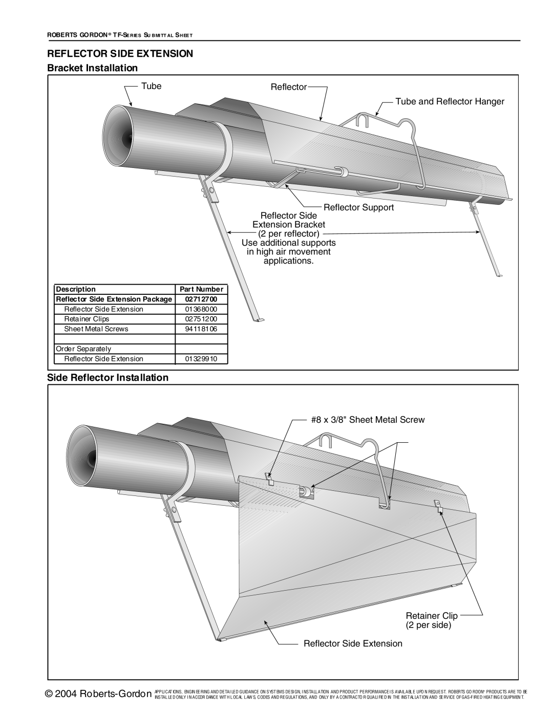 Roberts Gorden TF-Series service manual Reflector Side Extension, Bracket Installation, Side Reflector Installation 