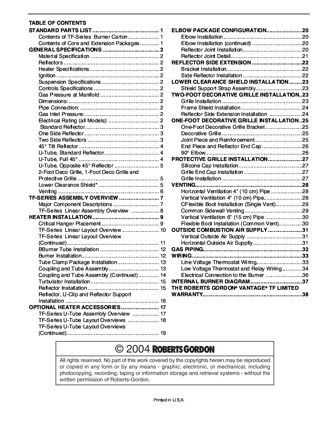 Roberts Gorden TF-Series service manual 2004, Table Of Contents, Optional Heater Accessories, Elbow Package Configuration 