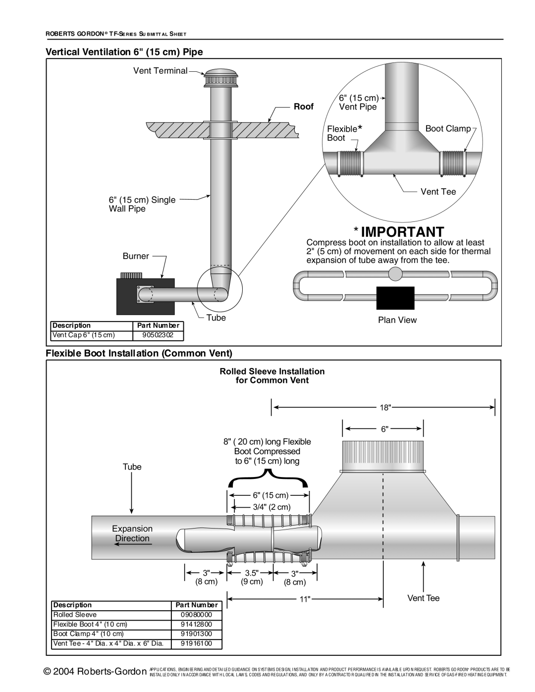 Roberts Gorden TF-Series service manual Vertical Ventilation 6 15 cm Pipe, Flexible Boot Installation Common Vent, Roof 