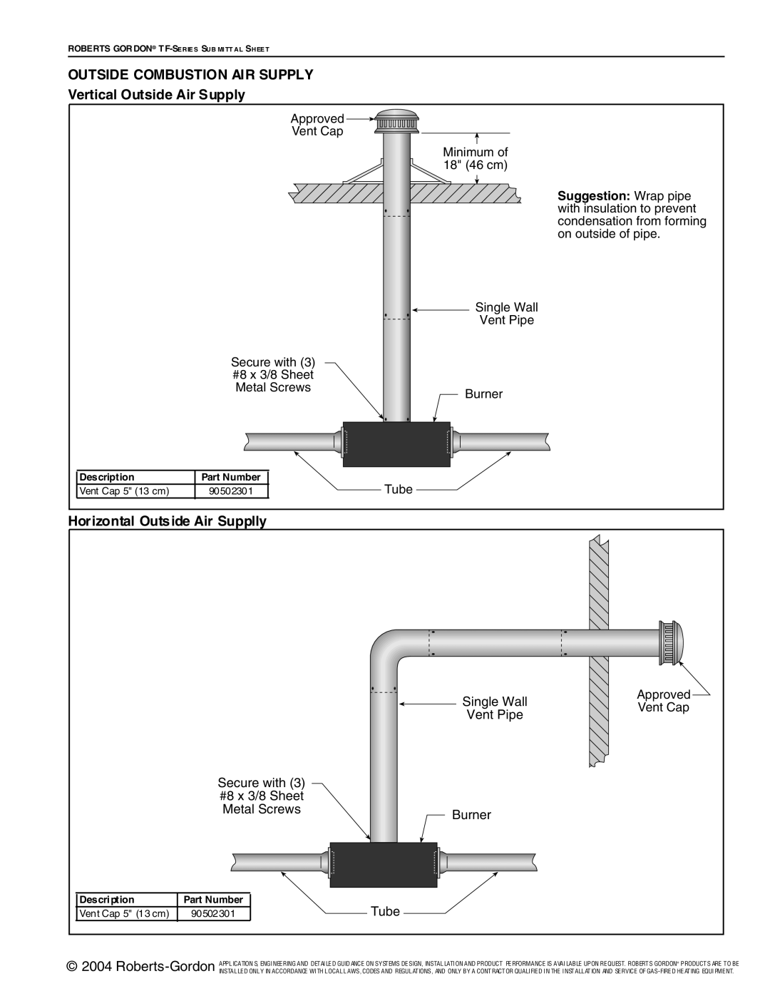 Roberts Gorden TF-Series Outside Combustion Air Supply, Vertical Outside Air Supply, Horizontal Outside Air Supplly, Tube 